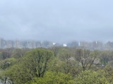Low sky hides all but the bottom of skyscrapers, Central Park South.